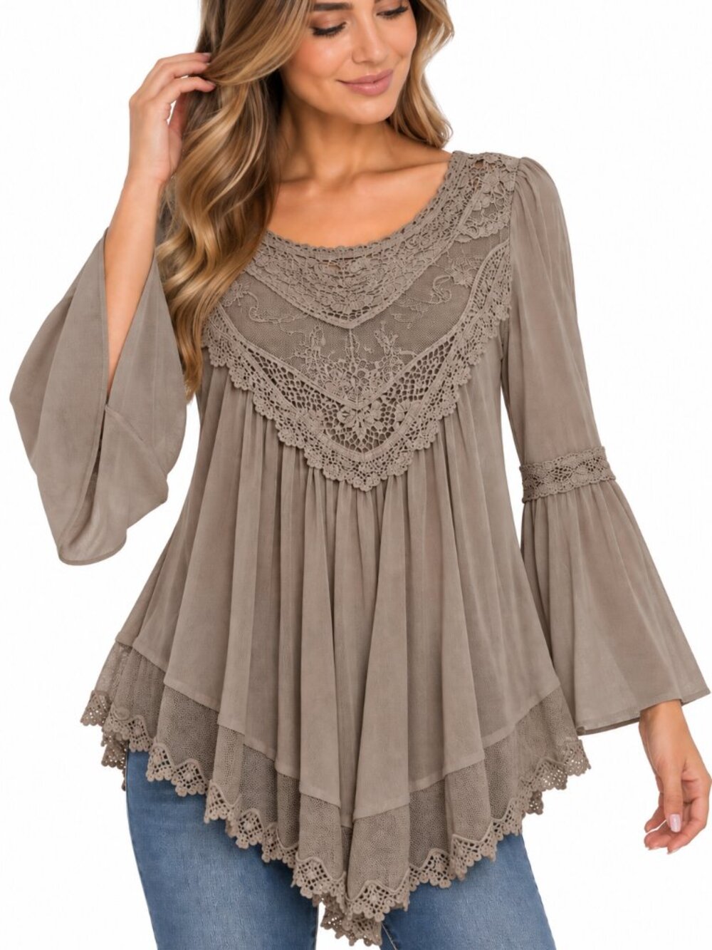 Ultra Pink Taupe Lace Mesh Boho Bell Sleeve Blouse Top Size M